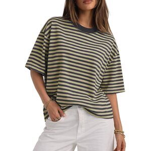 Womens Oversized Striped T Shirts Crewneck Short Sleeve Casual Summer